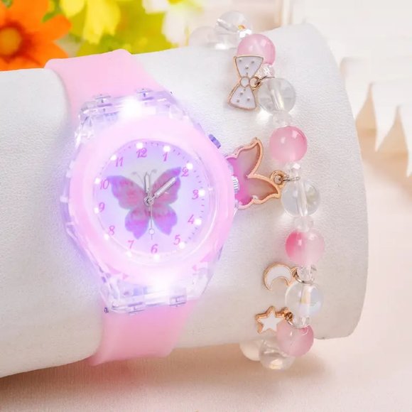 Creative Trendy Cute Cartoon Butterfly LED Quartz Watch & Beaded Bracelet - Picture 2 of 5